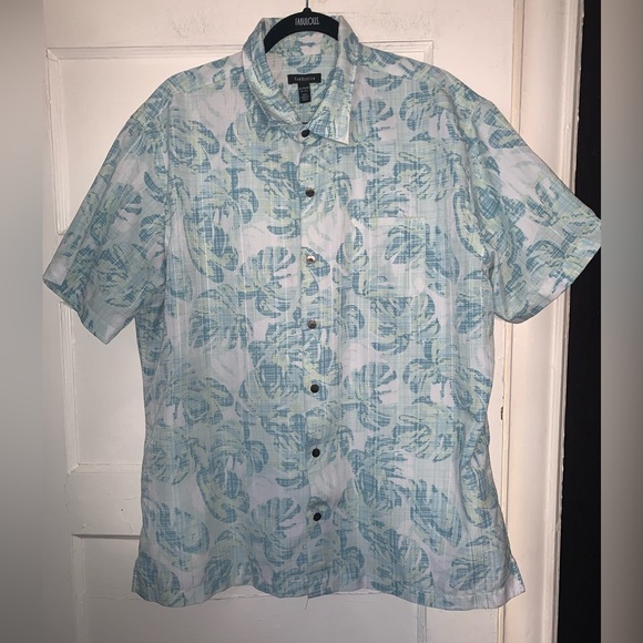 Van Heusen‎ short sleeve button up blue/green leaf print shirt XL - Picture 1 of 10